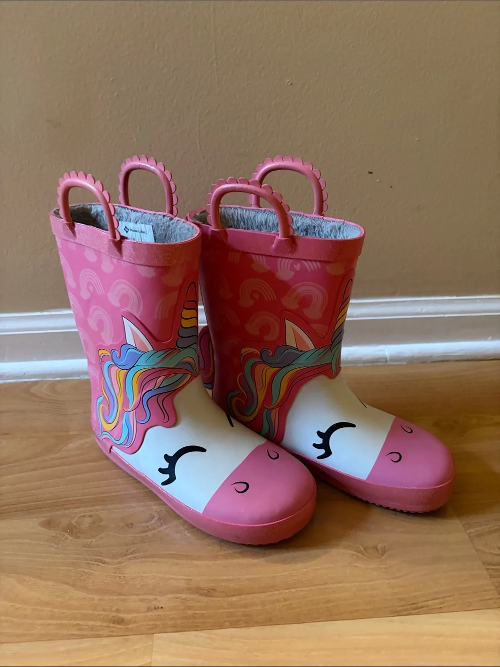 Kids Pink Unicorn Rain Boots with Easy Pull Handles